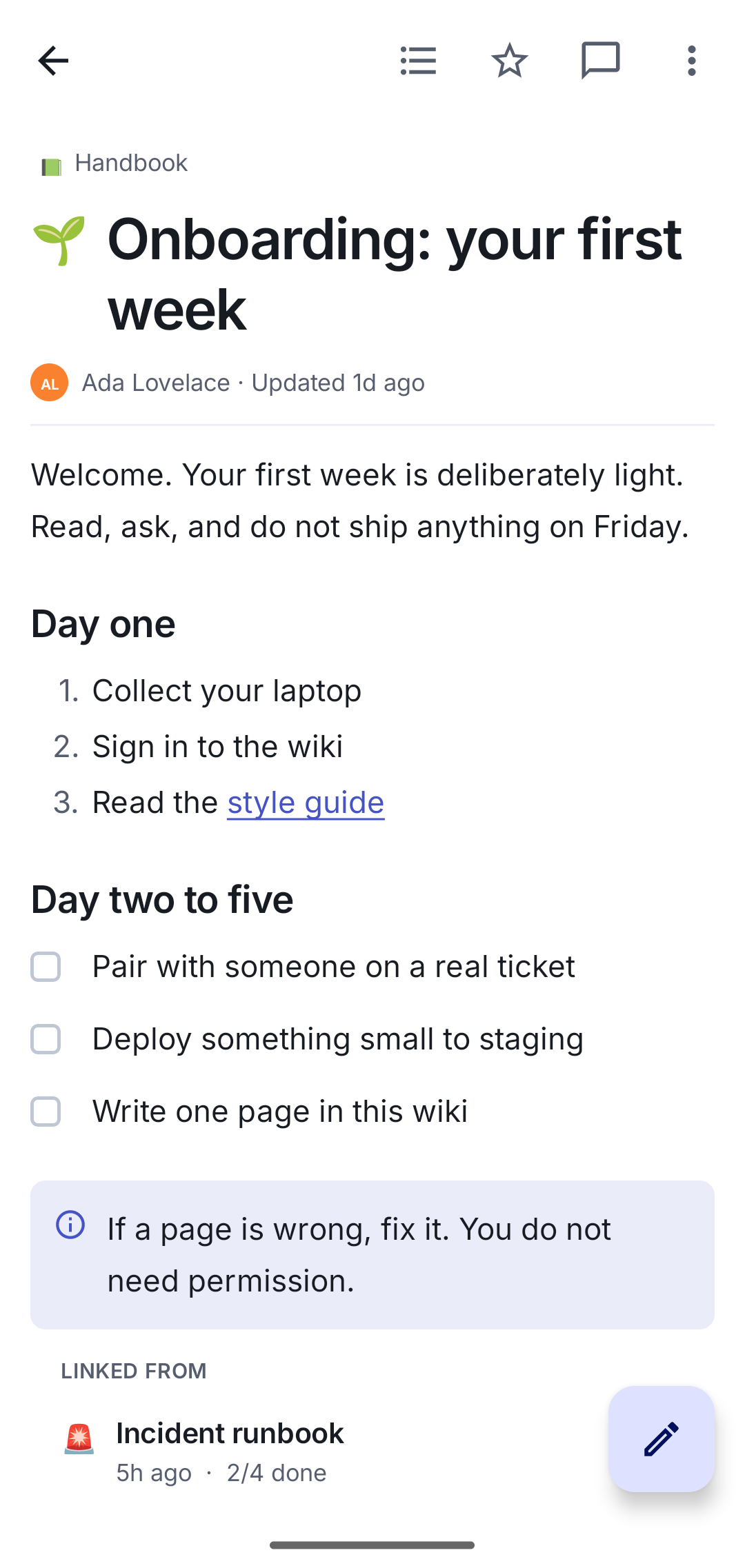 A document open in the reader, showing a breadcrumb, title, byline and body text.