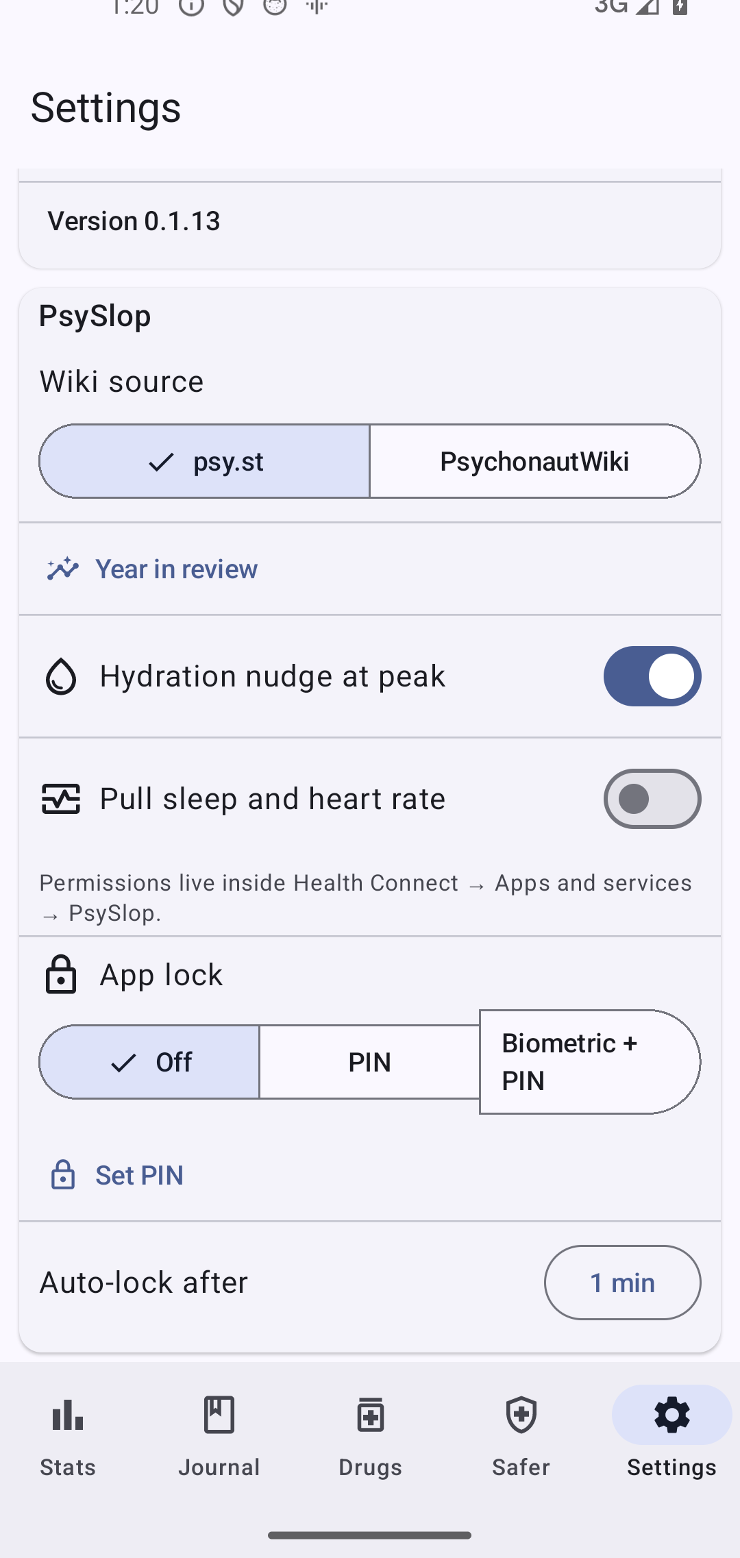 App-lock settings with PIN and biometric options and an auto-lock timeout