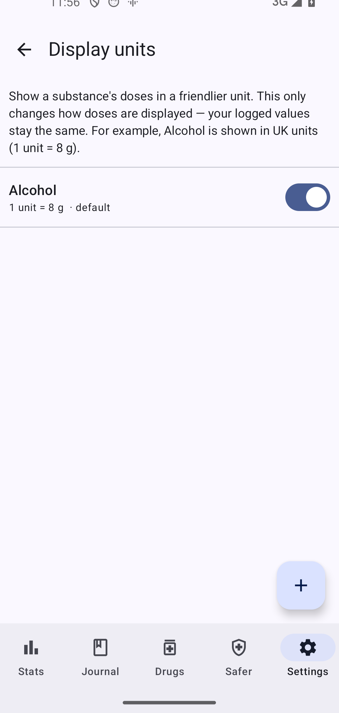 Display-units setting showing Alcohol at 1 unit equals 8 grams