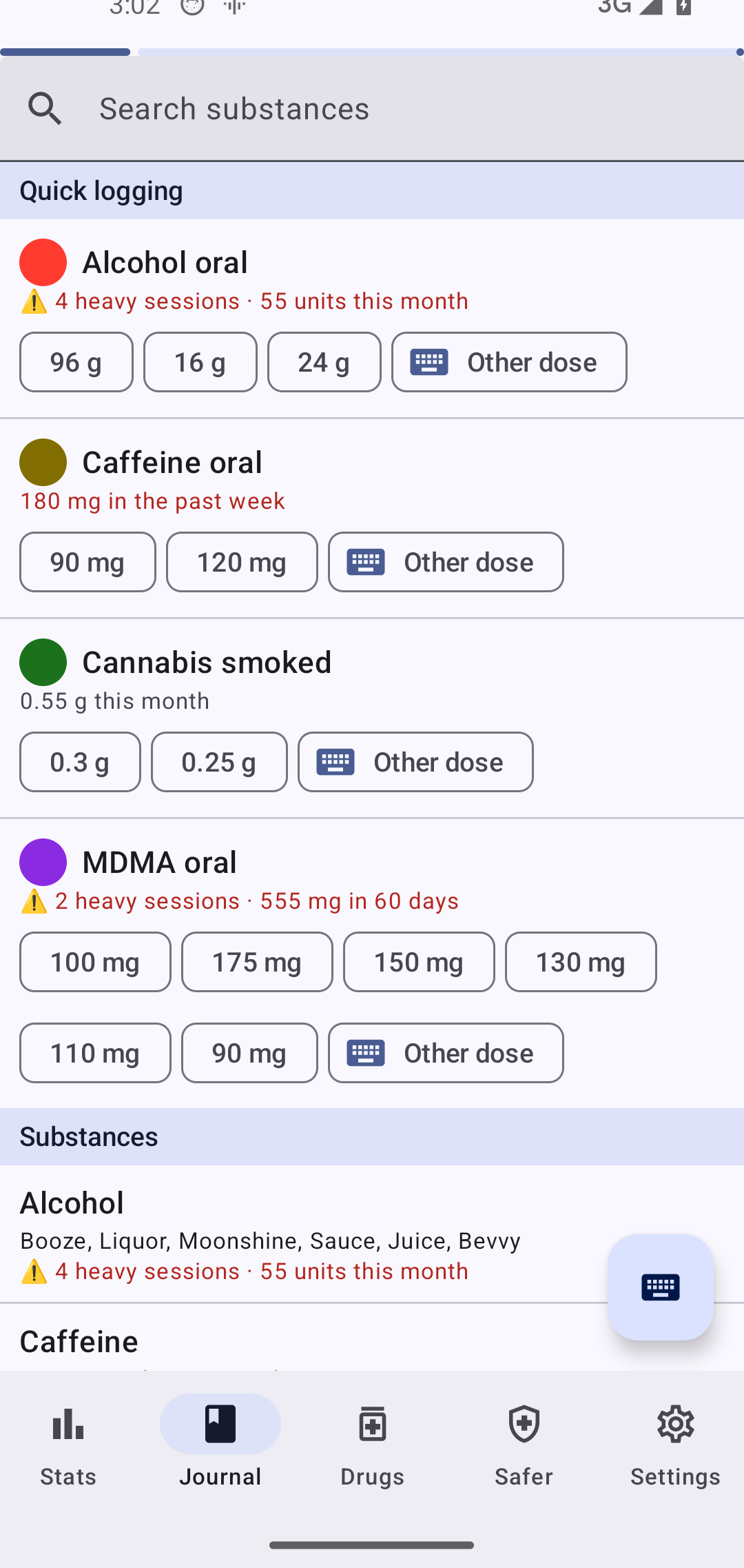 The add-ingestion screen, listing recent-use warnings next to each substance